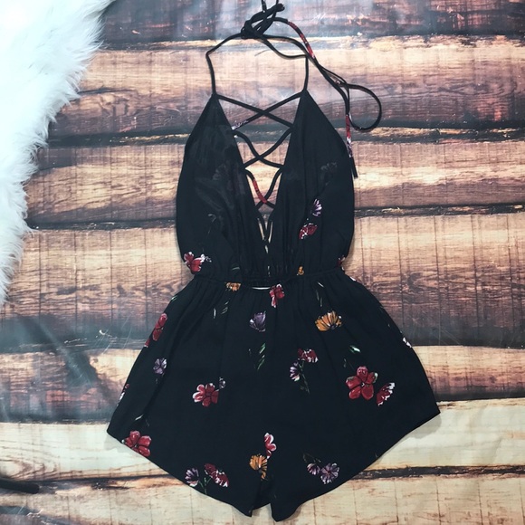 Sale!  Floral Lace Up Strappy Deep V Open Romper - Picture 6 of 8
